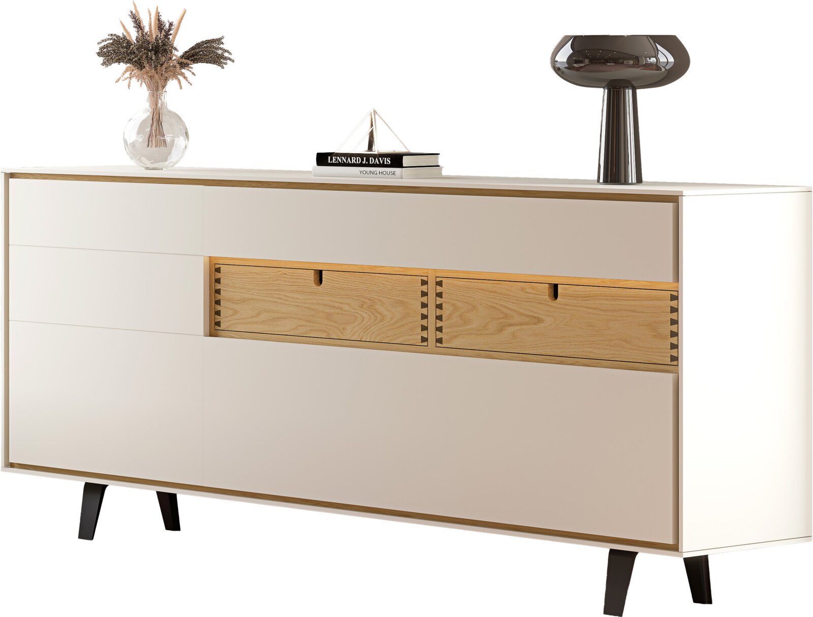 Moderne Kommode/Sideboard in Cremeweiß mit zwei Holzschubladen und schwarzen konischen Beinen, dekoriert mit Vase, Büchern und Tischlampe, gezeigt in schräger Frontansicht von leicht oben