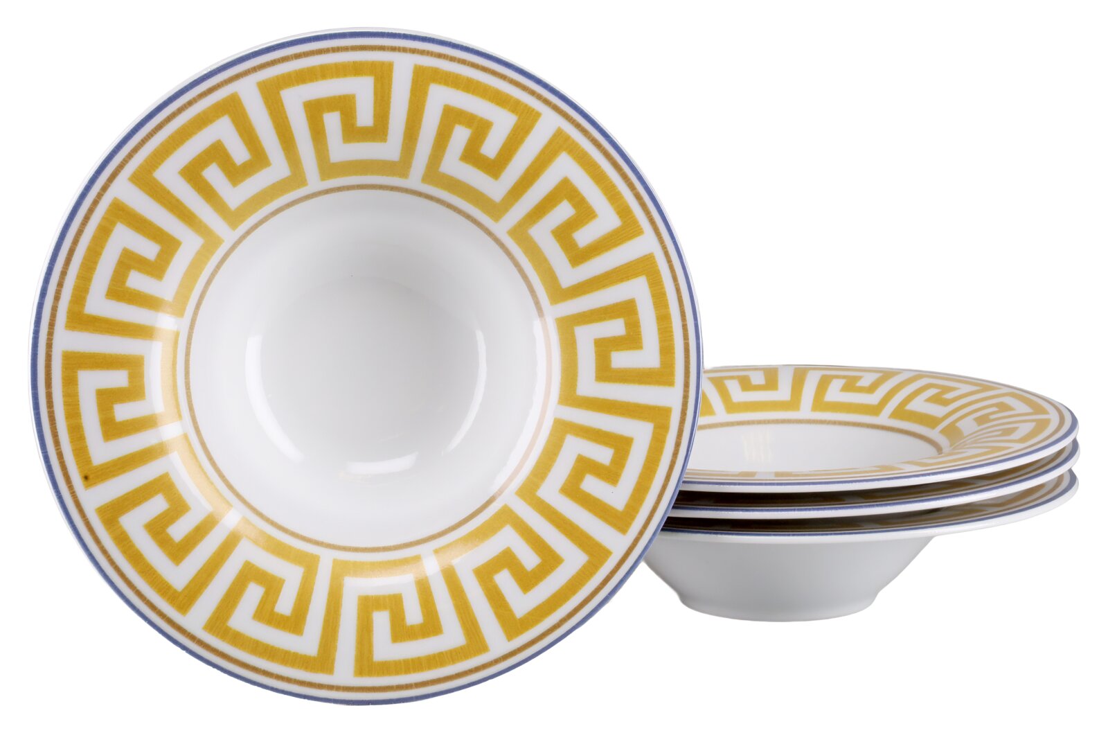 Creatable Pastateller 4-tlg GOURMET Weißes Porzellanschälchen mit goldfarbenem Mäander-Ornament und blauem Rand, frontal von oben auf die Innenseite fotografiert; dahinter zwei weitere Schalen seitlich gestapelt vor weißem Hintergrund.