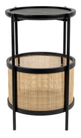 Runder Beistelltisch mit schwarzer Tischplatte und geflochtenem Korbdesign, seitliche Perspektive