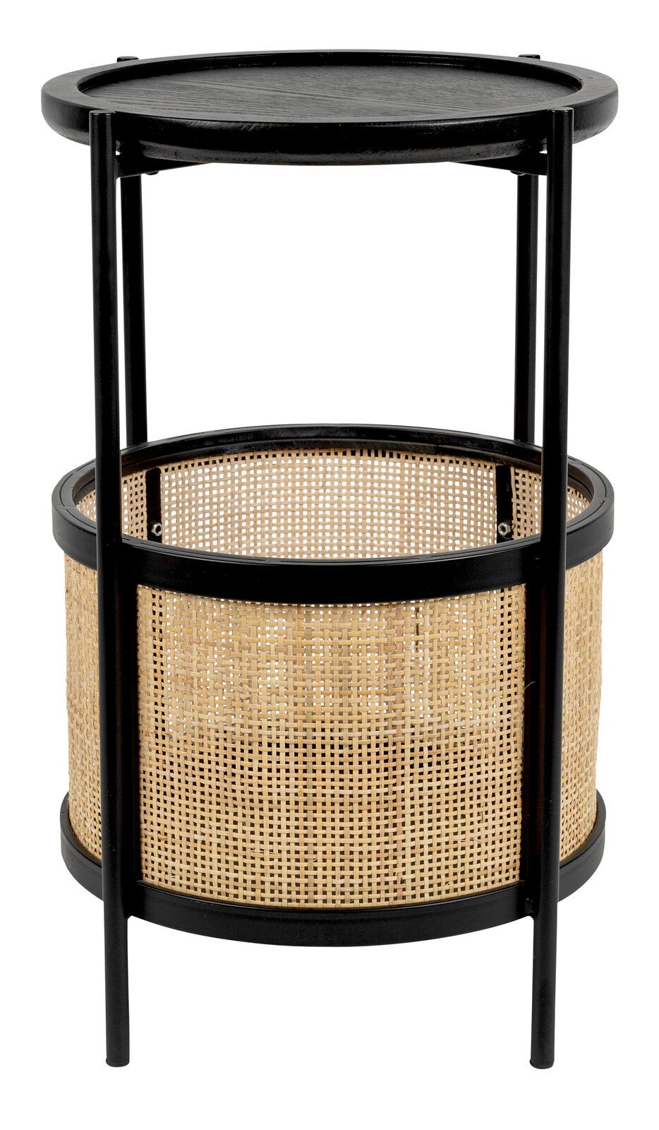 Runder Beistelltisch mit schwarzer Tischplatte und geflochtenem Korbdesign, seitliche Perspektive