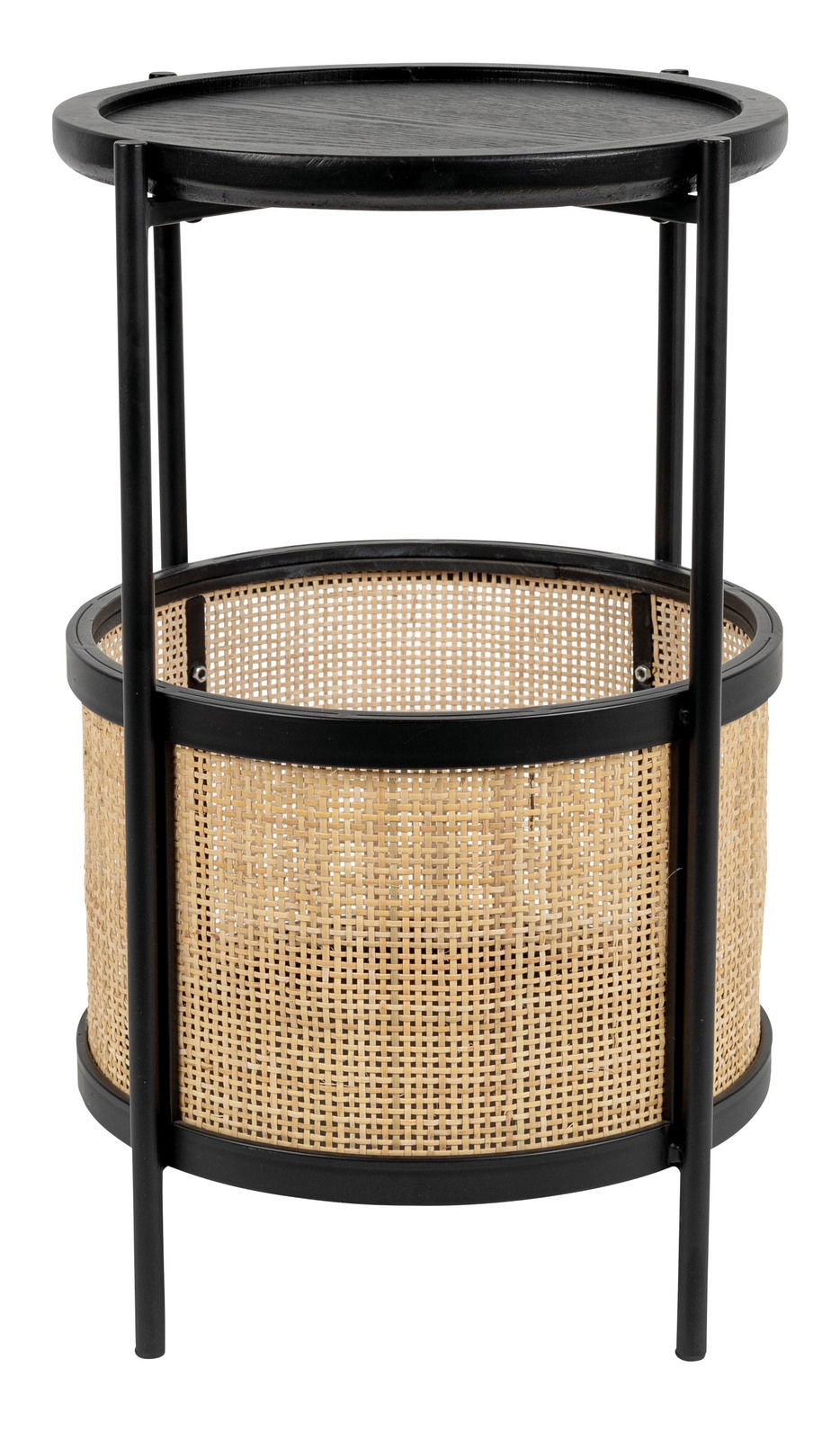 Runder Beistelltisch mit schwarzer Tischplatte und geflochtenem Korbdesign, seitliche Perspektive