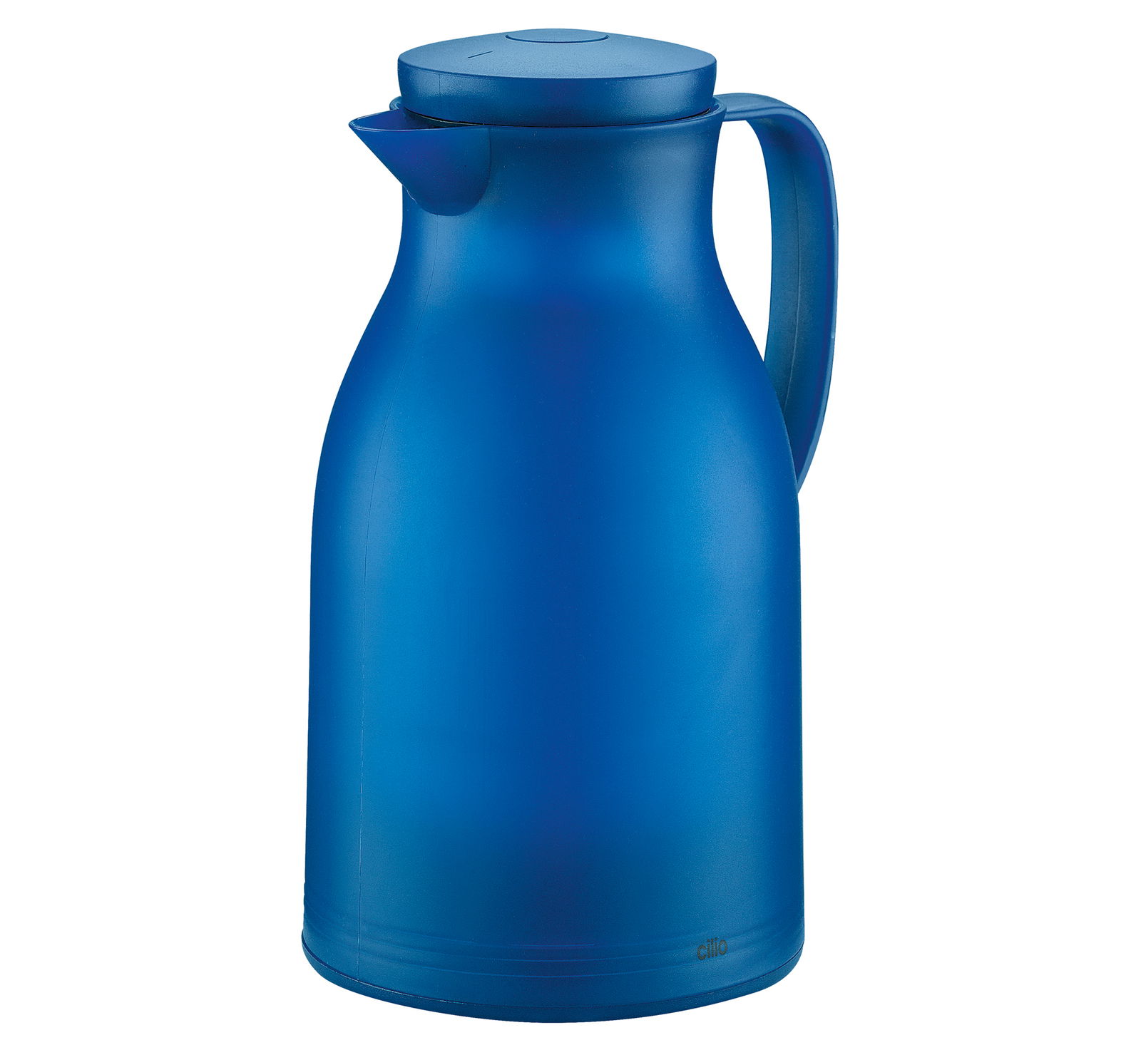 Blaue Isolierkanne mit Griff, seitliche Perspektive