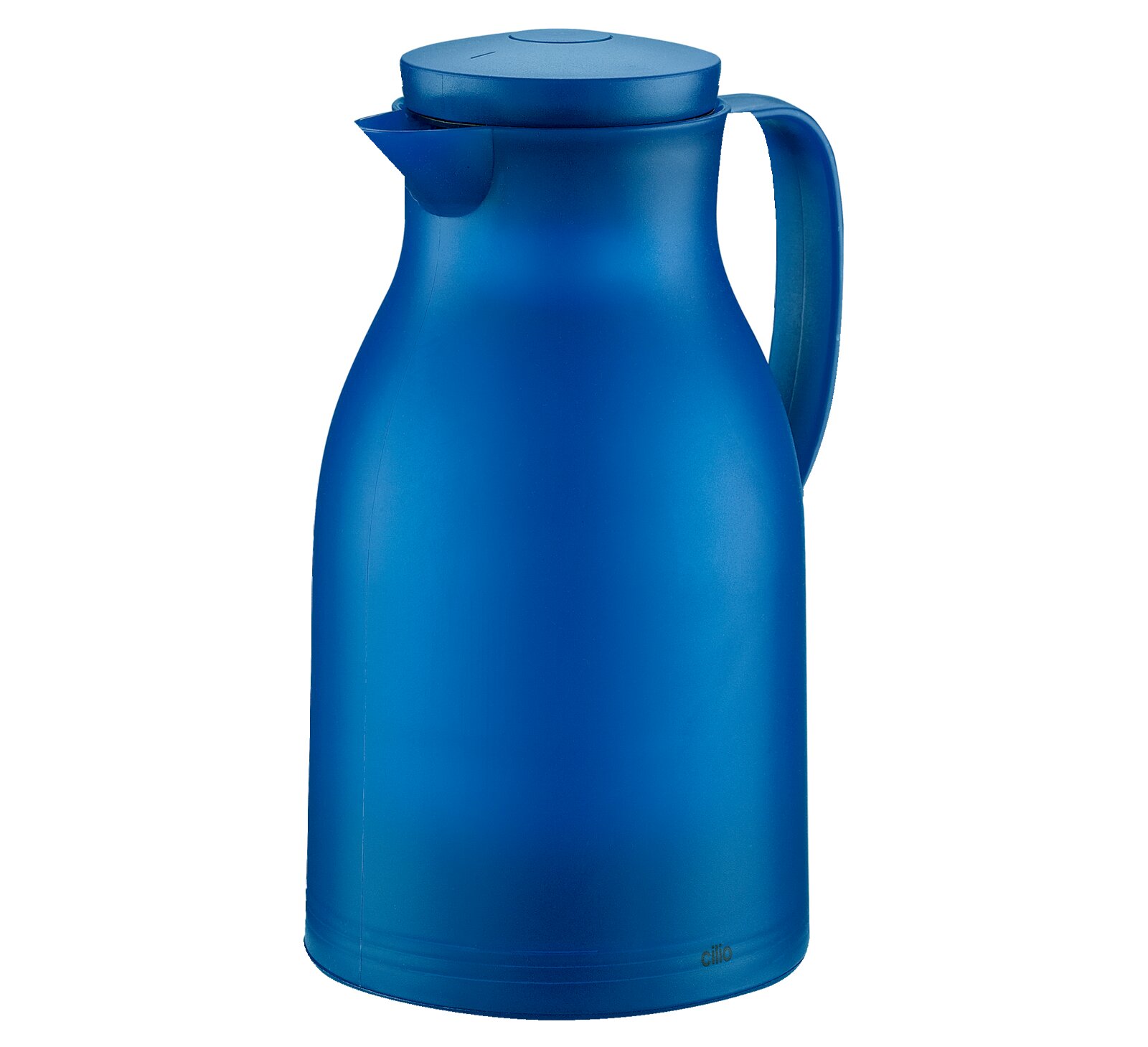 Blaue Isolierkanne mit Griff, seitliche Perspektive