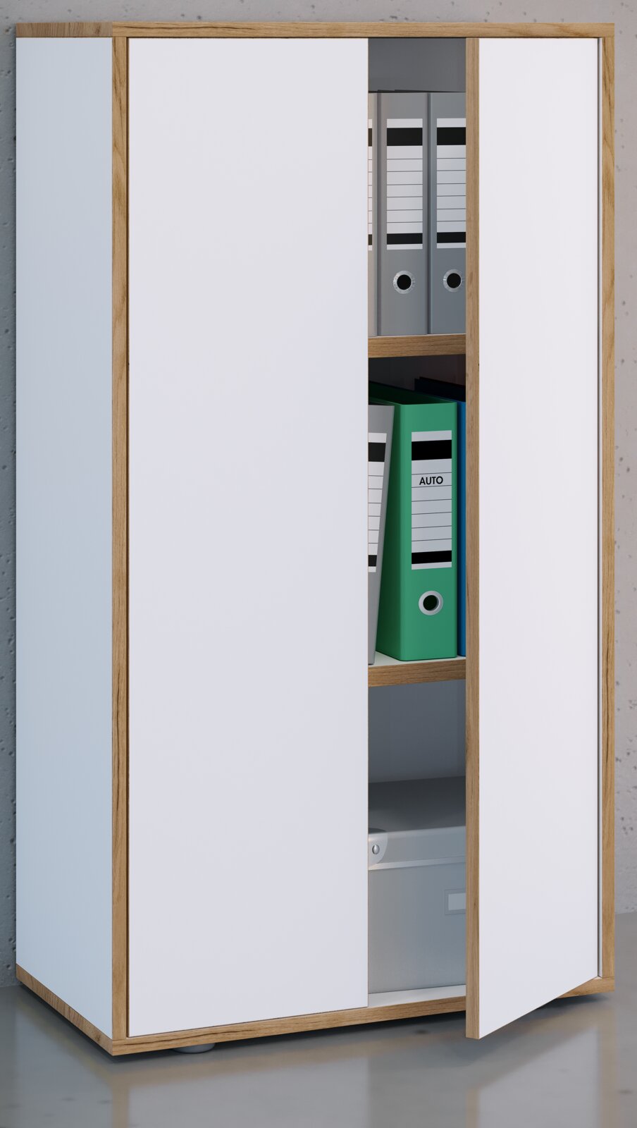 Moderner Aktenschrank in Weiß mit Holzrahmen, zwei Türen (eine geöffnet) und sichtbaren Ordnern im Inneren, Frontansicht in leichter Perspektive von links