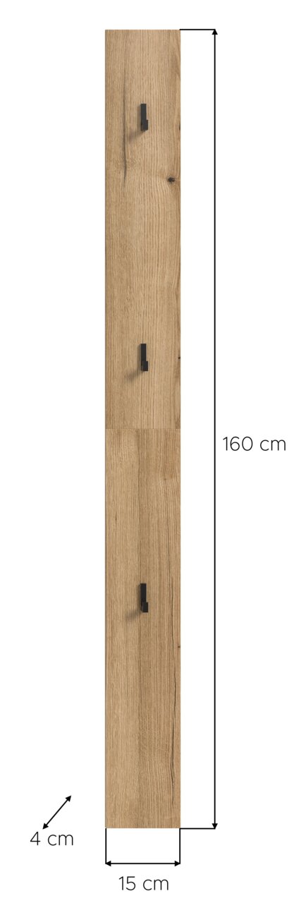 Schmale Wandgarderobe aus Holzoptik mit drei schwarzen Haken, Frontansicht, Maße ca. 160 x 15 x 4 cm