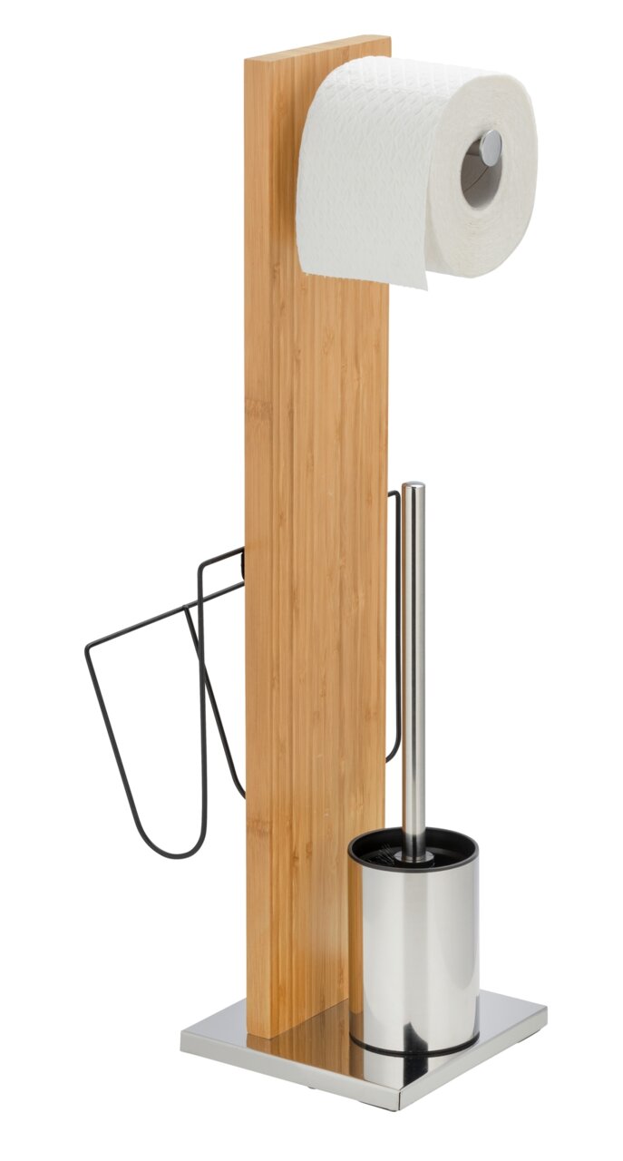 WC-Garnitur mit Zeitungshalter aus Holz und Metall, seitliche Perspektive