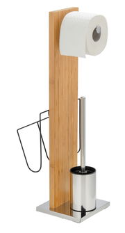 WC-Garnitur mit Zeitungshalter aus Holz und Metall, seitliche Perspektive