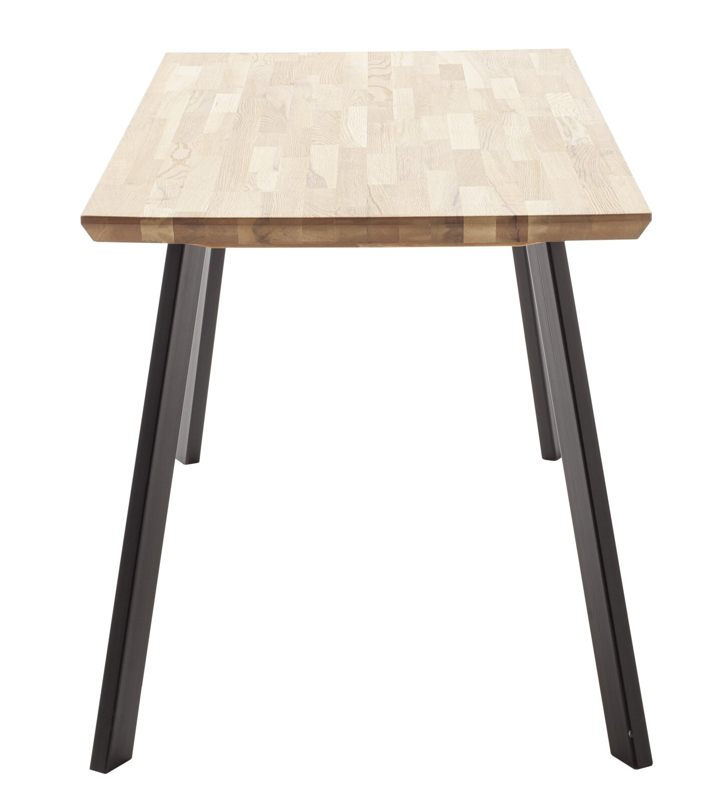 Moderner Esstisch mit Holzplatte und schwarzen Metallbeinen, Frontalansicht