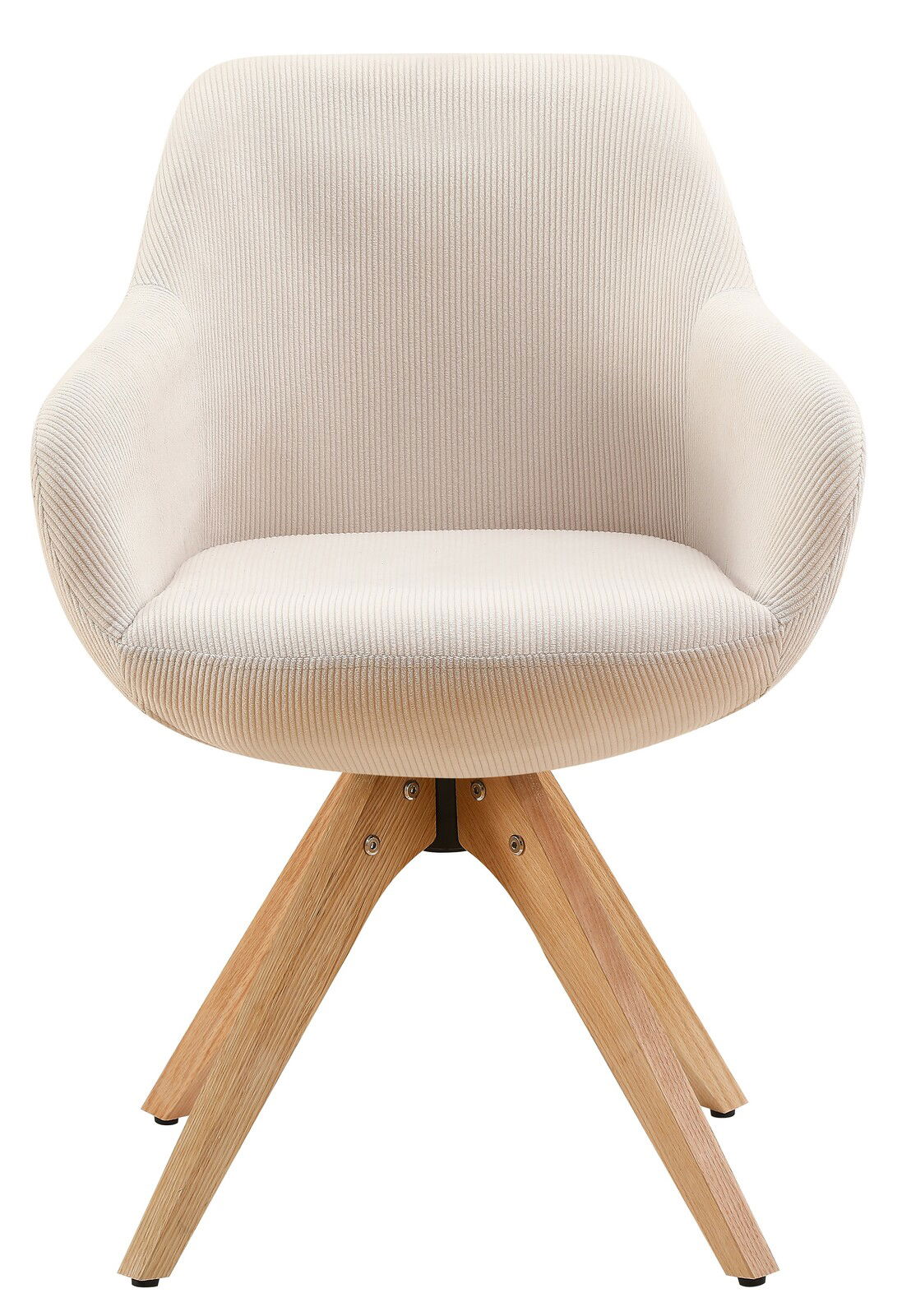 Frontansicht eines modernen Armlehnstuhls mit hellem Stoffbezug und Holzbeinen.