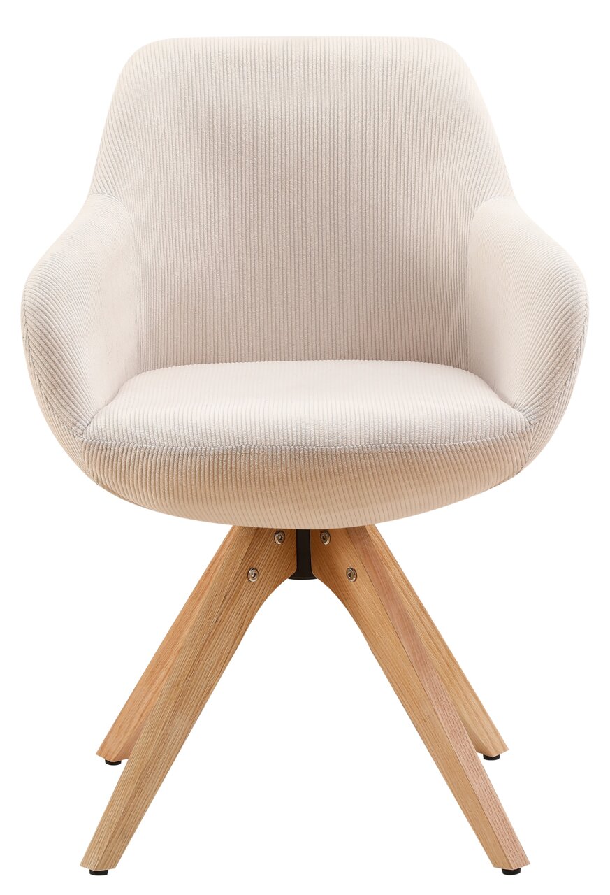 Frontansicht eines modernen Armlehnstuhls mit hellem Stoffbezug und Holzbeinen.