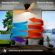 Deckenventilator mit integrierter Leuchte über einem Bett, mit Grafik zu Standard- und Reverse-Modus für Sommer- und Winterluftzirkulation; Frontansicht von unten in einem Schlafzimmer.