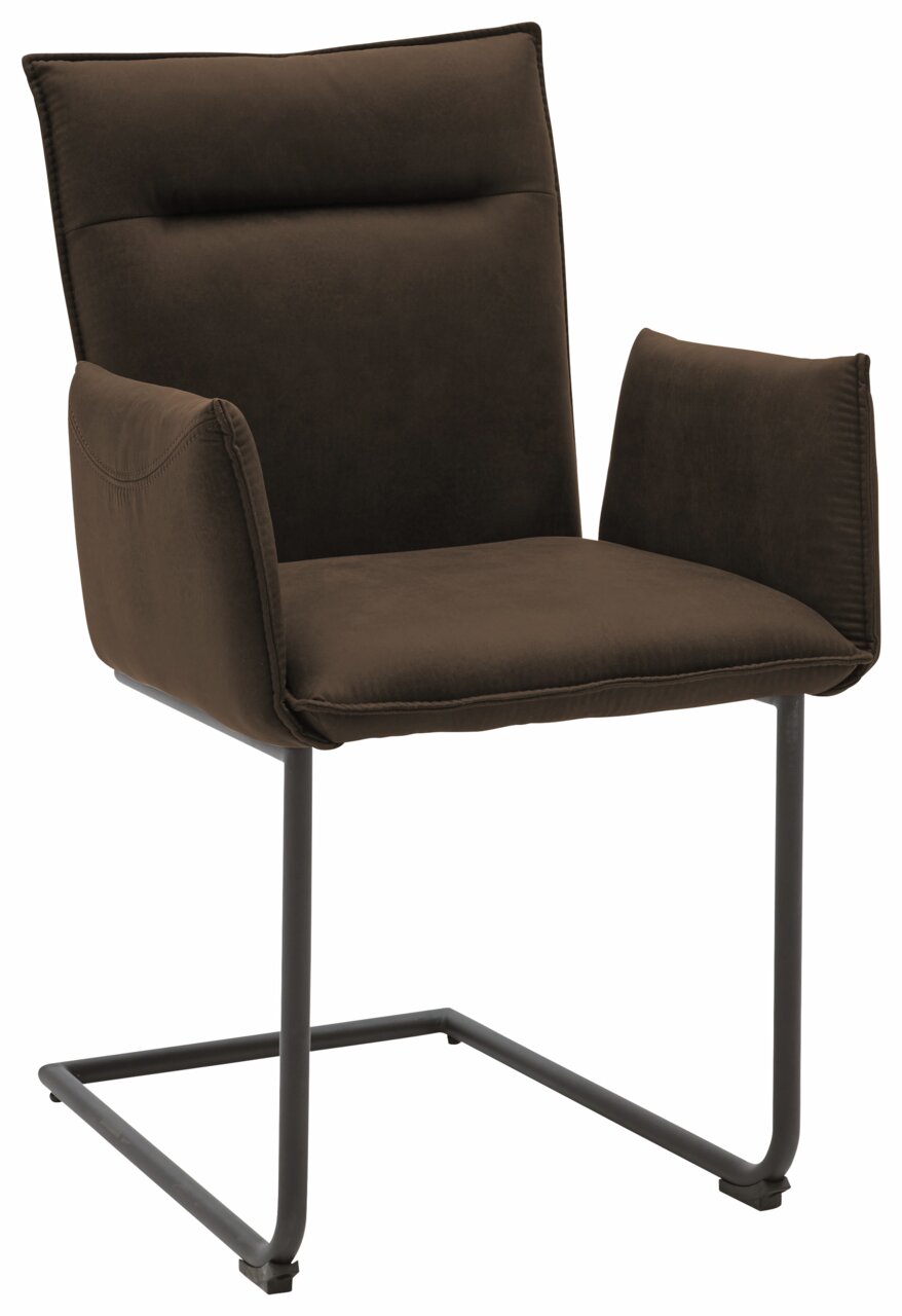 Brauner Freischwinger-Sessel mit Armlehnen, seitliche Perspektive