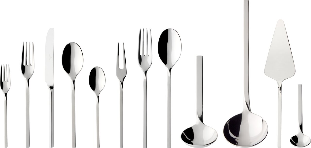 Elegantes 70-teiliges Besteckset aus Edelstahl, frontal präsentiert, bestehend aus verschiedenen Gabeln, Messern, Löffeln und Servierutensilien.