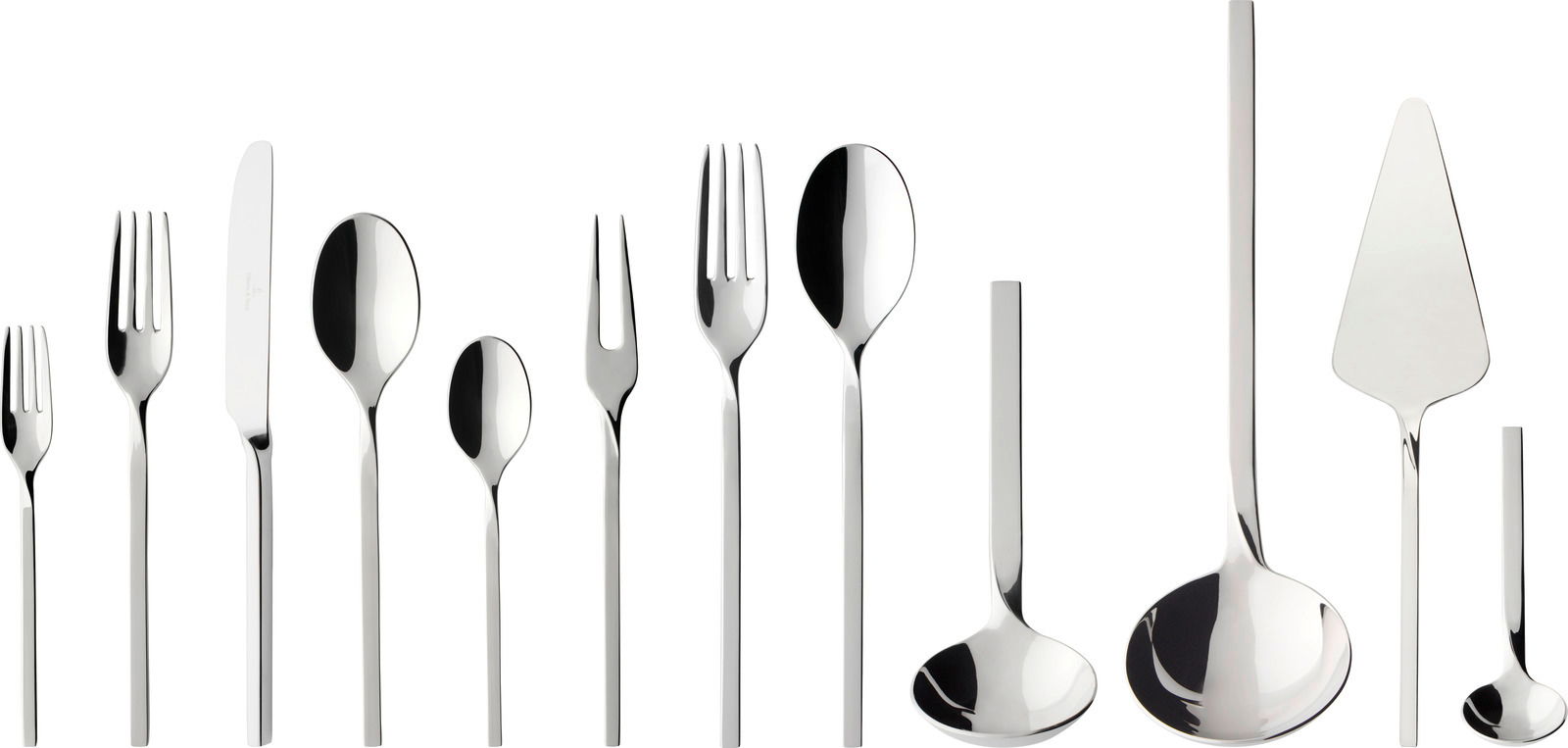 Elegantes 70-teiliges Besteckset aus Edelstahl, frontal präsentiert, bestehend aus verschiedenen Gabeln, Messern, Löffeln und Servierutensilien.