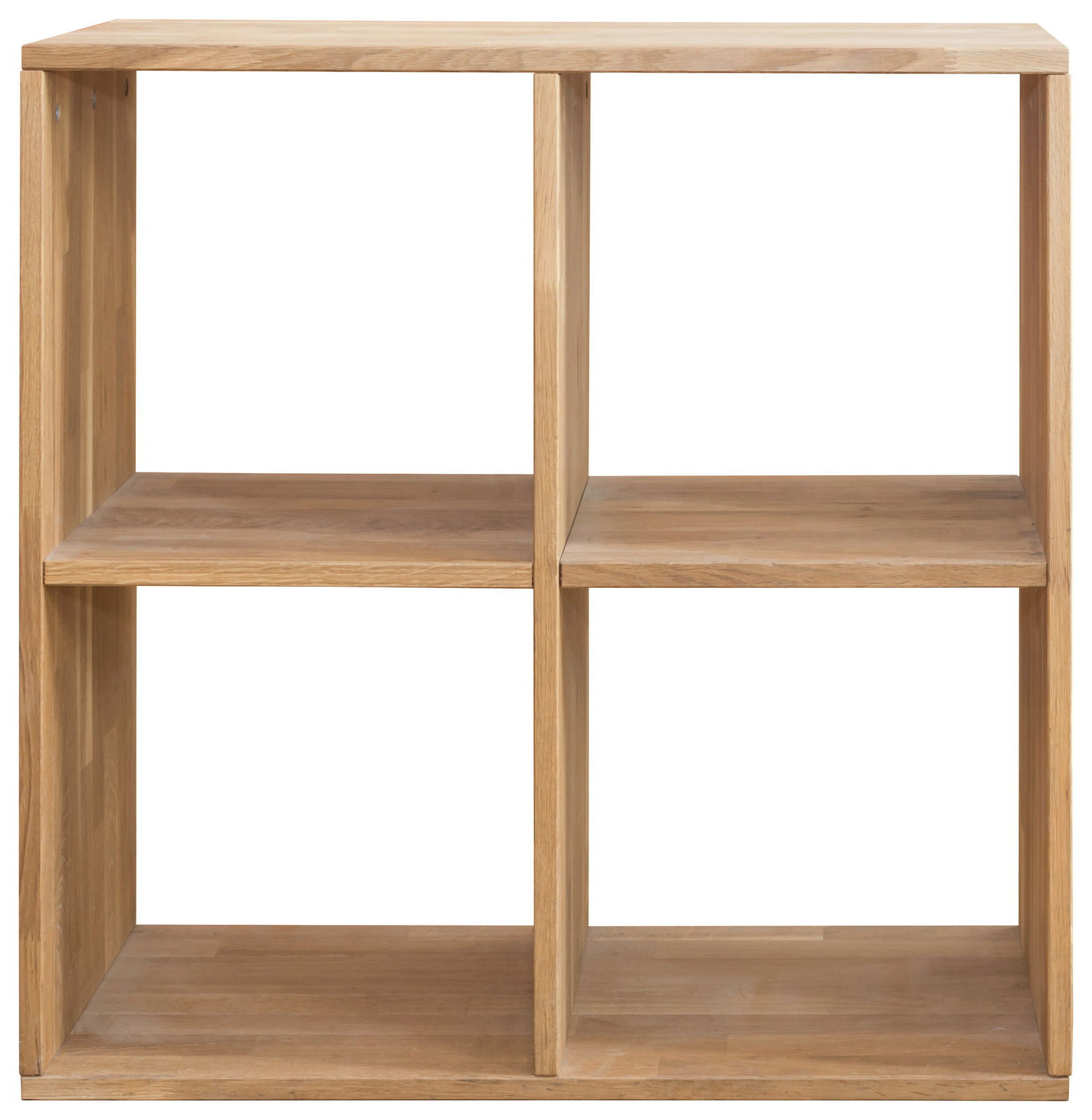 Holzregal mit vier quadratischen Fächern, frontal betrachtet