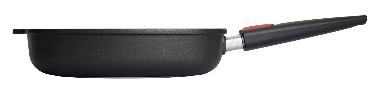 Seitenansicht einer schwarzen Guss-Steakpfanne mit abnehmbarem Griff, Modell Nowo, 28x28cm.
