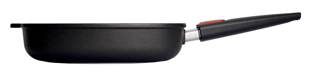 Seitenansicht einer schwarzen Guss-Steakpfanne mit abnehmbarem Griff, Modell Nowo, 28x28cm.