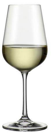 Weißweinkelch 360 ml Lucca, gefüllt mit Weißwein, in Frontalansicht