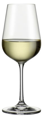 Weißweinkelch 360 ml Lucca, gefüllt mit Weißwein, in Frontalansicht
