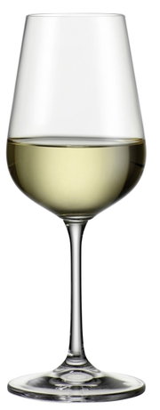 Weißweinkelch 360 ml Lucca, gefüllt mit Weißwein, in Frontalansicht