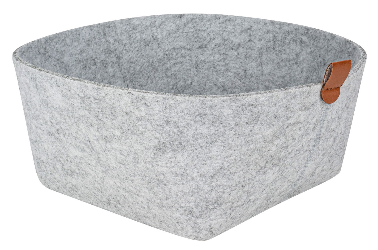 Eckiger Filzkorb in hellgrau mit braunem Griff, seitliche Perspektive
