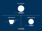 Grafische Maßskizze eines Porzellan-Kaffeesets: Dessertteller Ø 21 cm, h 2 cm; Kaffeeobere (Tasse) 200 ml, Ø 10 cm, h 7,5 cm; Kaffeeuntere (Untertasse) Ø 16 cm, h 2 cm; dargestellt in Frontansicht mit Seitenprofil.