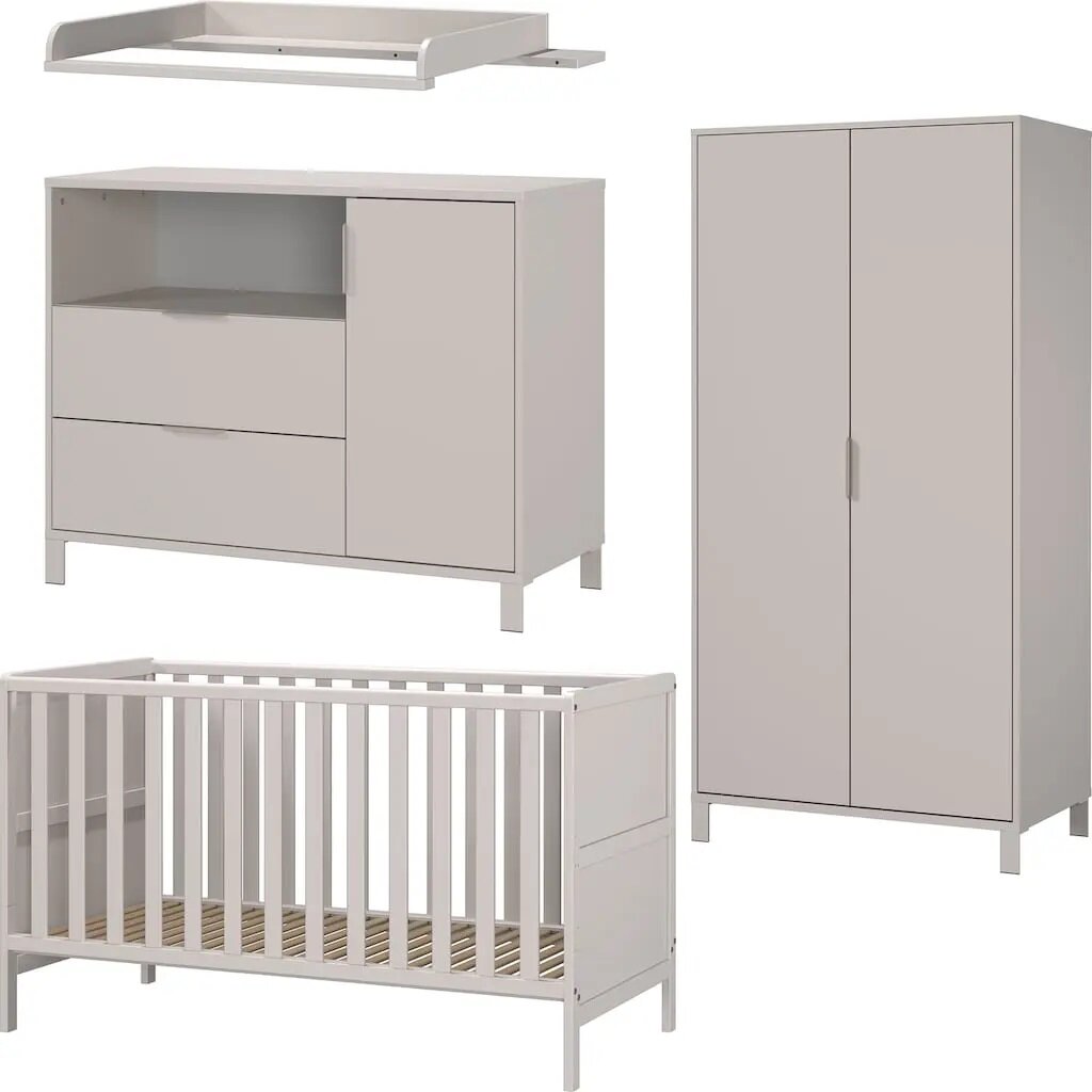 Germania Babyzimmer 4-tlg. ALKMAAR Babyzimmer 4-teilig bestehend aus einem Gitterbett, einem Kleiderschrank, einer Wickelkommode und einem Wandregal, frontal abgebildet.