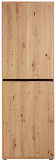 Vorderansicht eines großen, mehrzweckigen Schranks mit Holzoptik und vier Türen.