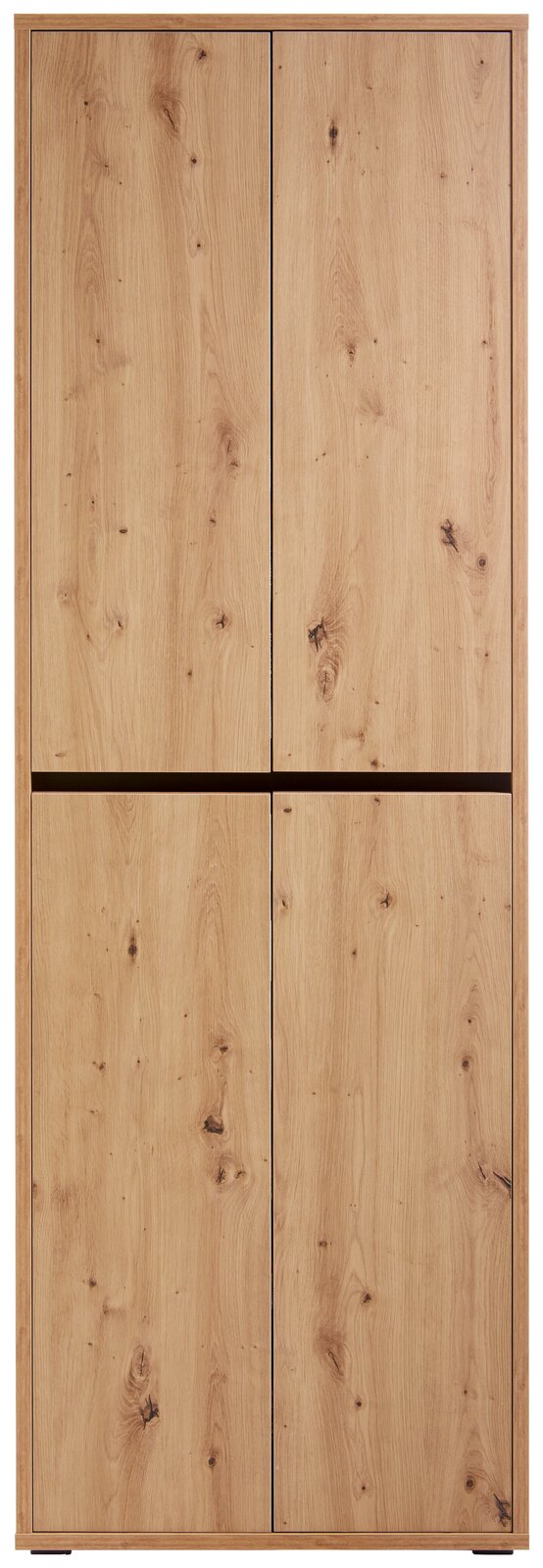 Vorderansicht eines großen, mehrzweckigen Schranks mit Holzoptik und vier Türen.