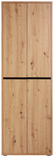 Vorderansicht eines großen, mehrzweckigen Schranks mit Holzoptik und vier Türen.