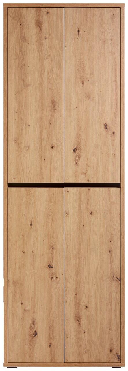 Vorderansicht eines großen, mehrzweckigen Schranks mit Holzoptik und vier Türen.