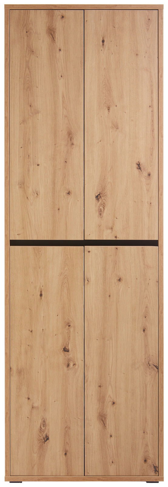 Vorderansicht eines großen, mehrzweckigen Schranks mit Holzoptik und vier Türen.