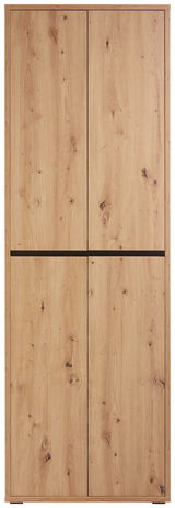 Vorderansicht eines großen, mehrzweckigen Schranks mit Holzoptik und vier Türen.