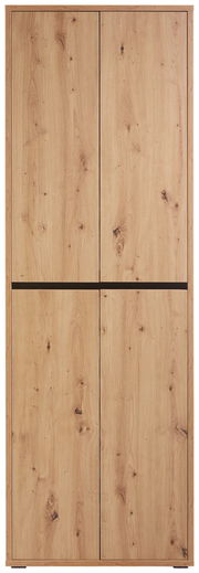 Vorderansicht eines großen, mehrzweckigen Schranks mit Holzoptik und vier Türen.