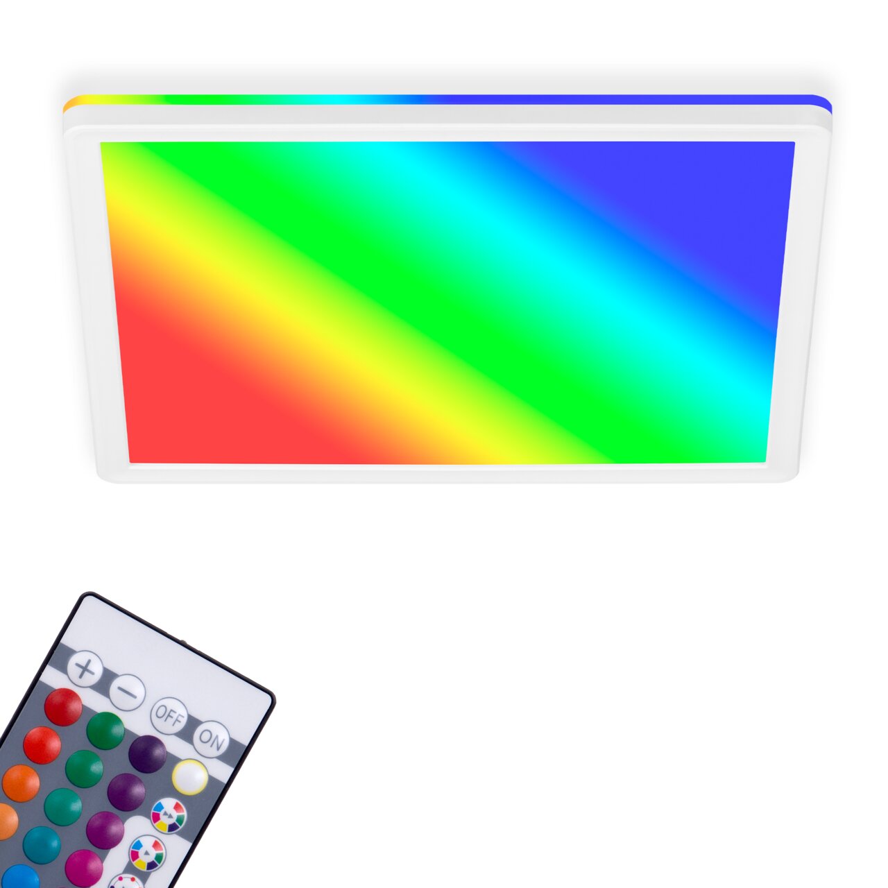 LED-plafondlamp met regenboogkleuren en afstandsbediening, gezien van onderaf