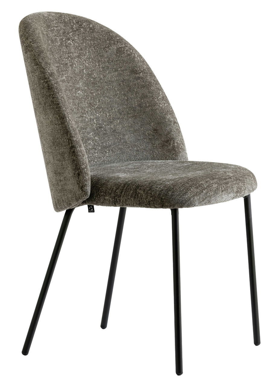 Moderner grauer Stuhl mit schwarzem Metallgestell, seitliche Perspektive