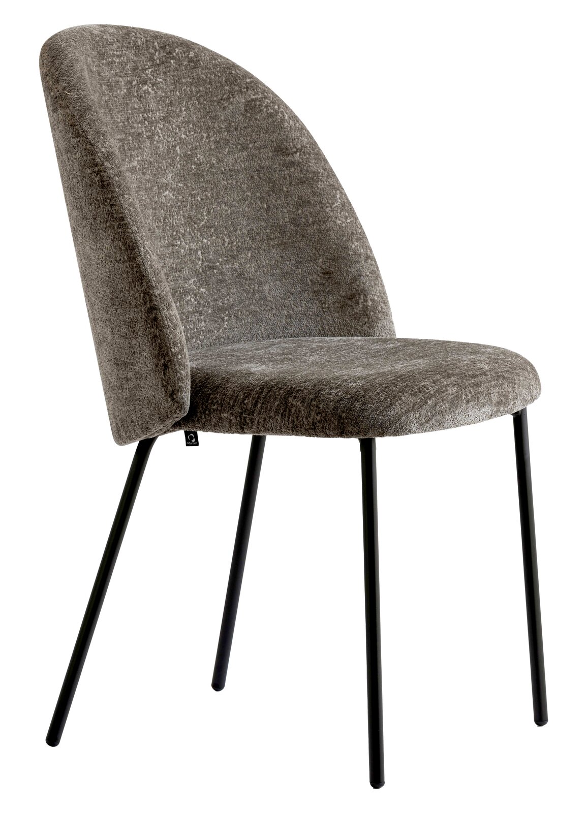Moderner grauer Stuhl mit schwarzem Metallgestell, seitliche Perspektive