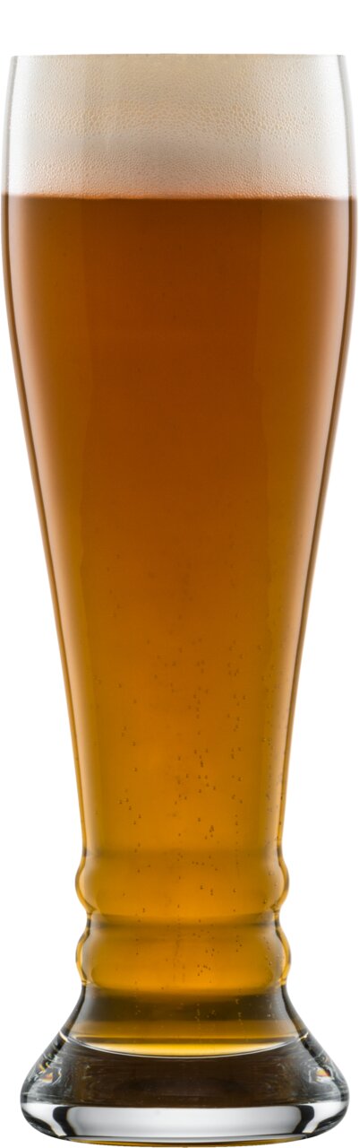 Weizenbierglas Bavaria, gefüllt mit goldenem Bier, Frontalansicht
