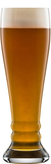 Weizenbierglas Bavaria, gefüllt mit goldenem Bier, Frontalansicht