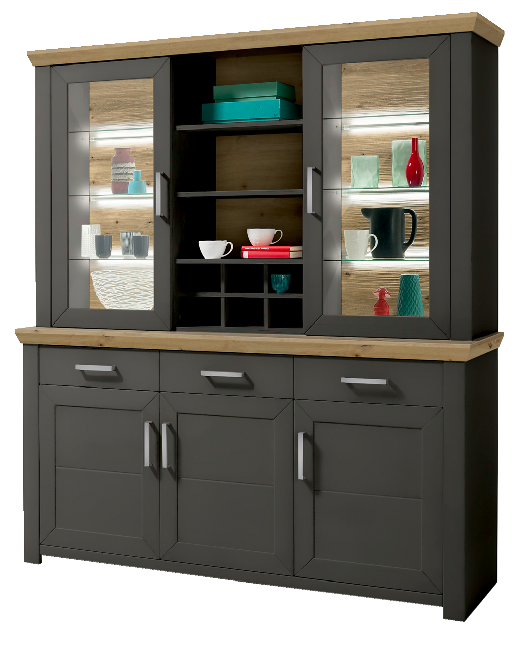 Set one by Musterring Vitrinenaufsatz YORK Vitrinenaufsatz in moderner grauer Optik mit Holzdetails, frontal fotografiert. Enthält Glasvitrinen mit dekorativen Objekten und offenen Regalen.