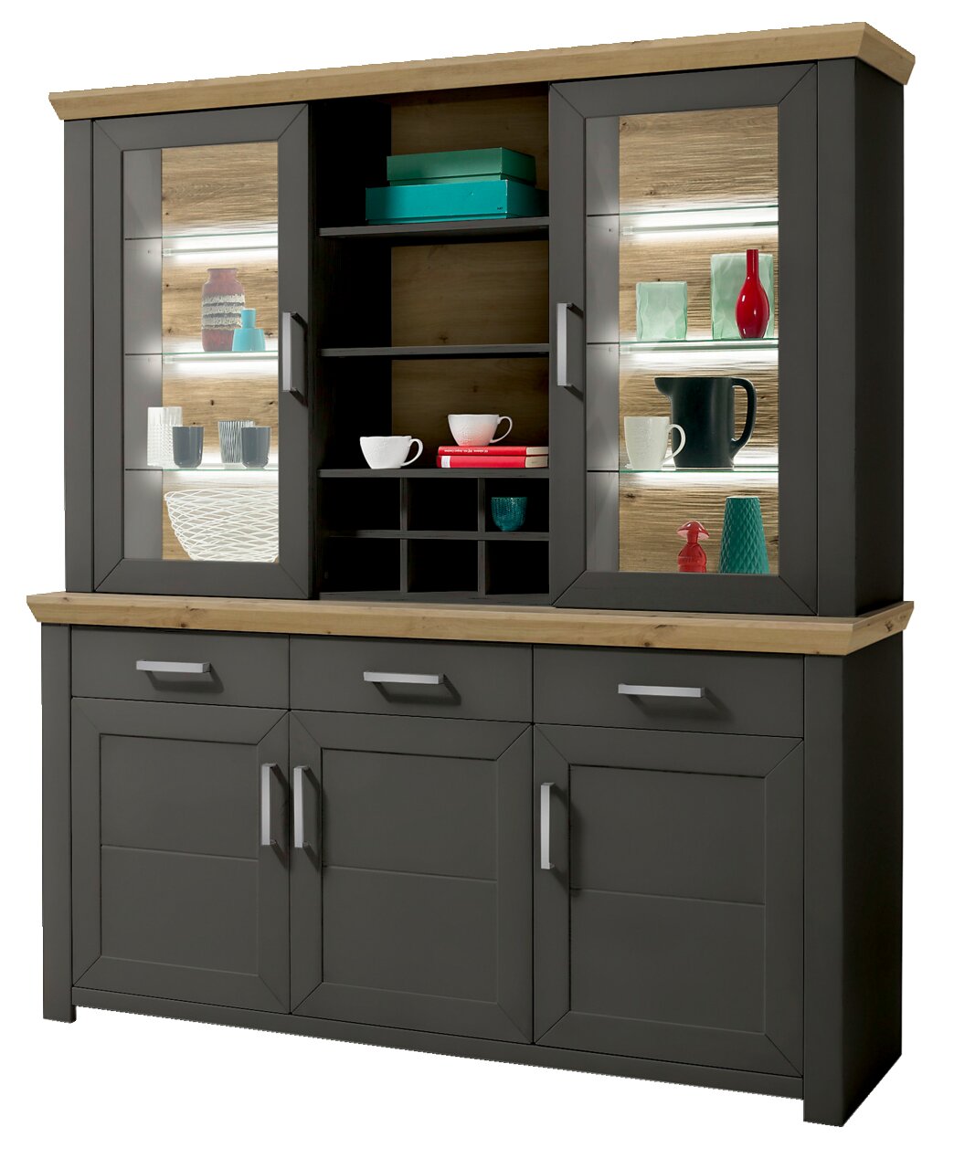 Set one by Musterring Vitrinenaufsatz YORK Vitrinenaufsatz in moderner grauer Optik mit Holzdetails, frontal fotografiert. Enthält Glasvitrinen mit dekorativen Objekten und offenen Regalen.