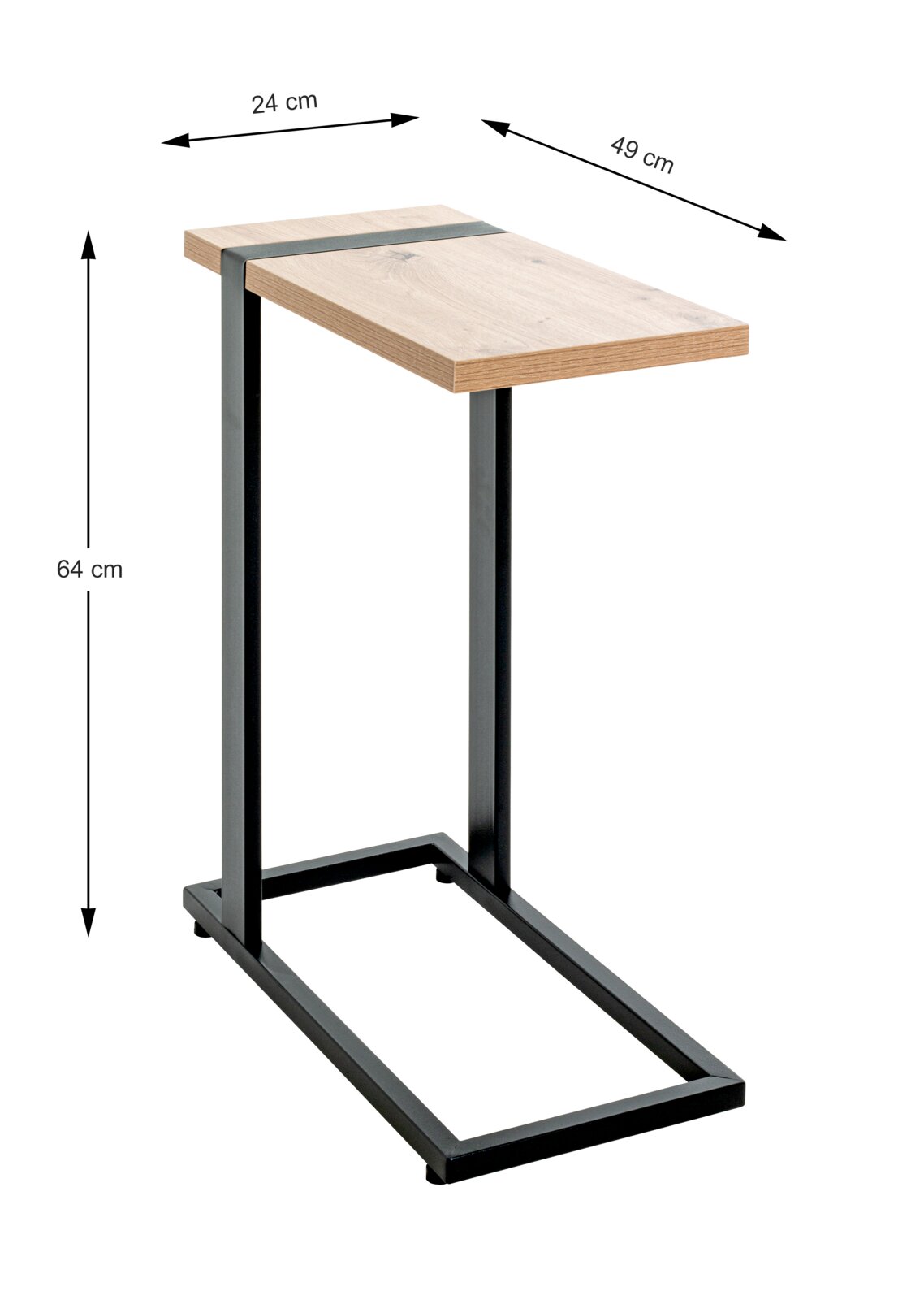 Moderne bijzettafel met houten blad en zwart metalen onderstel, gezien vanaf de zijkant.