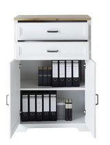 Kombischrank Serie JUDITH mit zwei Schubladen und zwei Türen, gefüllt mit Ordnern, aus der Frontansicht.