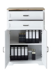 Kombischrank Serie JUDITH mit zwei Schubladen und zwei Türen, gefüllt mit Ordnern, aus der Frontansicht.