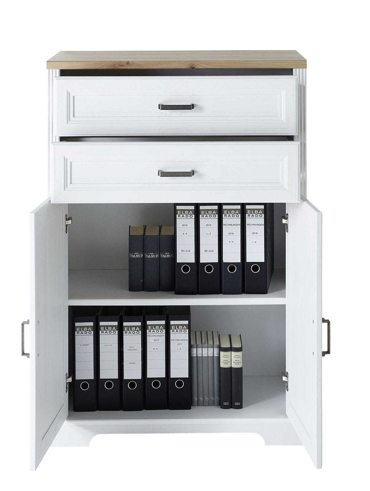 Kombischrank Serie JUDITH mit zwei Schubladen und zwei Türen, gefüllt mit Ordnern, aus der Frontansicht.