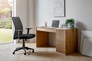 Moderner Schreibtisch aus Holz mit Laptop und Pflanze, seitliche Perspektive
