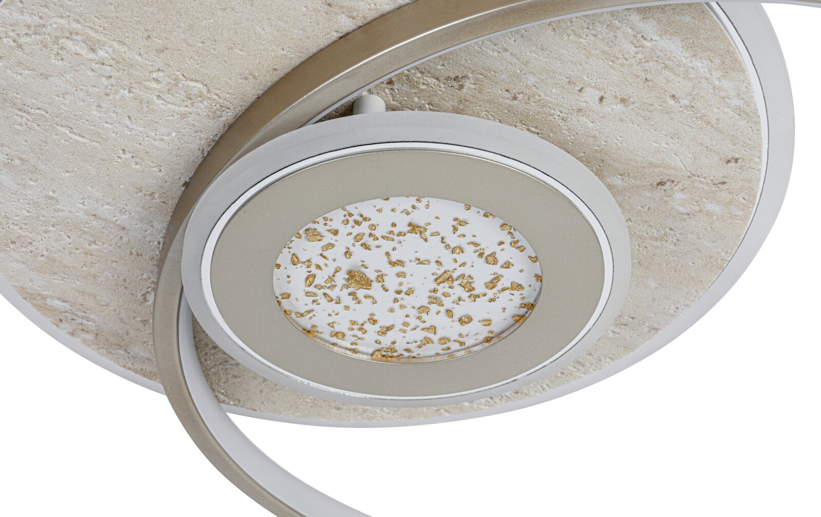 Moderne runde Deckenleuchte in Weiß/Silber mit großem Ring und strukturierter Steinoptik-Abdeckung, zentralem Diffusor mit goldenen Sprenkeln; Ansicht schräg von unten (Untersicht).
