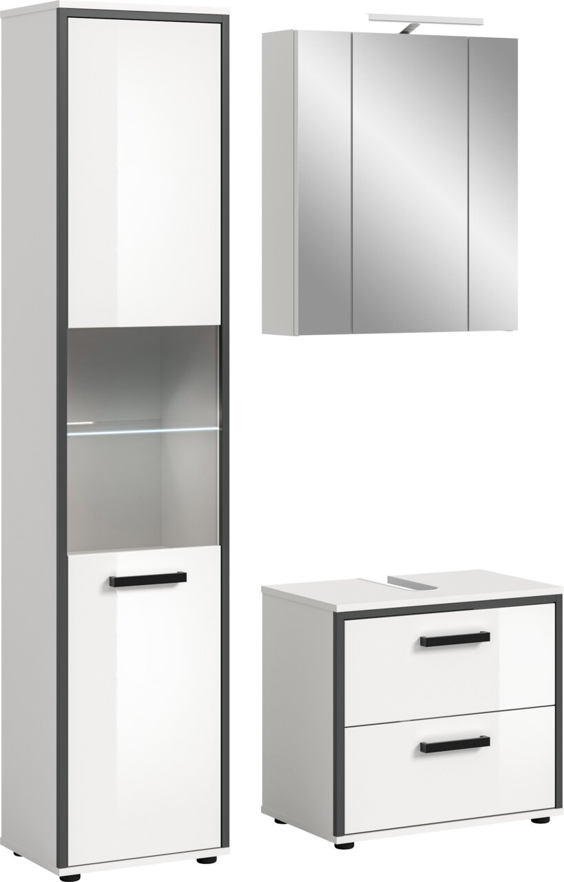 Badmöbel-Set in Weiß mit anthrazitfarbenem Rahmen: Hochschrank mit Glaseinsatz und LED-Licht, Spiegelschrank mit drei Türen und Aufsatzleuchte sowie Waschtischunterschrank mit zwei Schubladen, dargestellt in Frontansicht mit leichter Seitenperspektive