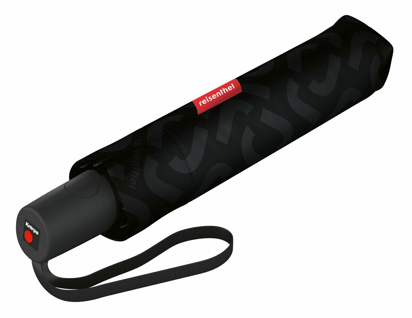 Schwarzer, kompakter Regenschirm mit rotem Logo, seitliche Perspektive