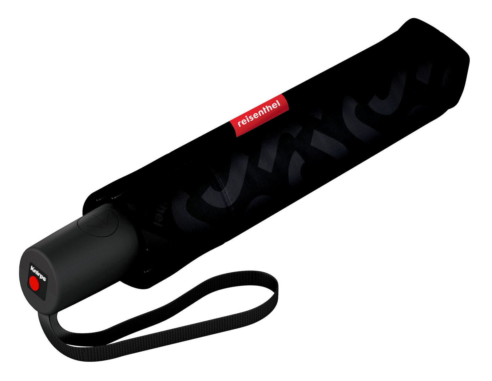 Schwarzer, kompakter Regenschirm mit rotem Logo, seitliche Perspektive